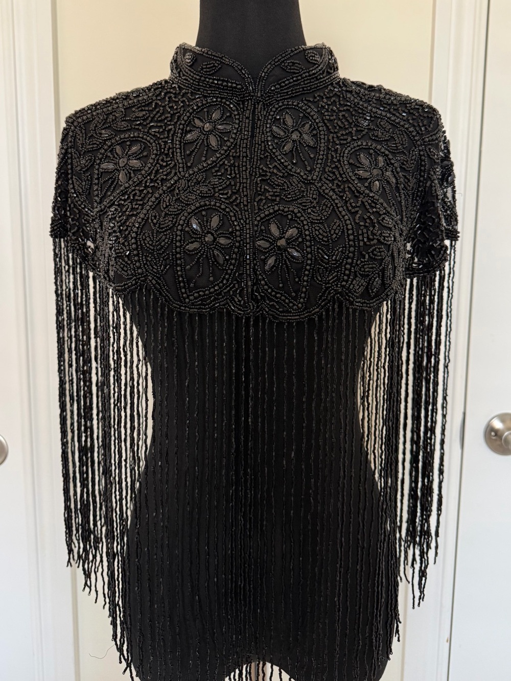Handmade Black Beaded Fringe Capelet Art Deco Evening Wrap | One Size